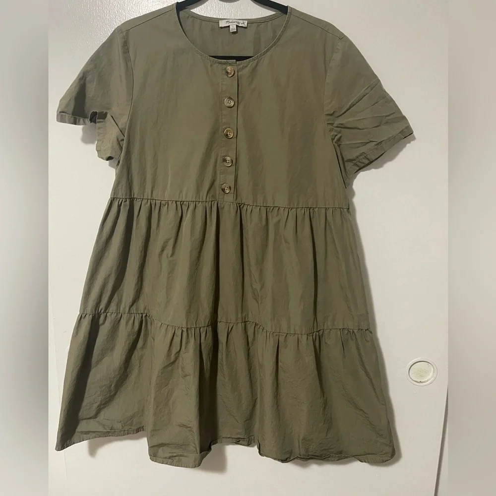 Madewell Olive Tiered Short-Sleeve Babydoll Dress